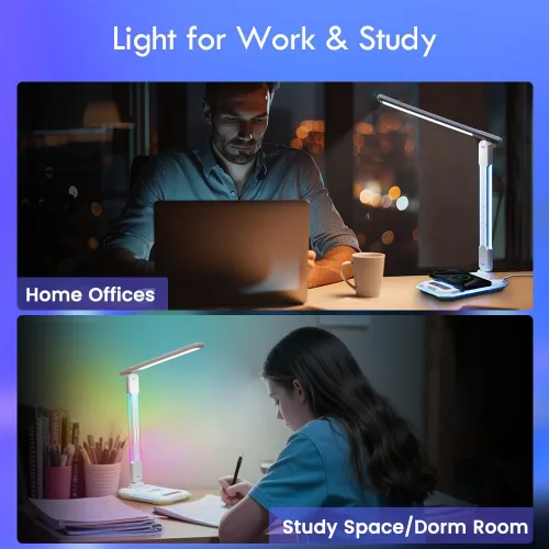 Vista 4 de WILIT Lámpara de escritorio para dormitorio universitario, luz de escritorio RGB para juegos con carga inalámbrica y puerto USB, lámpara de jugador