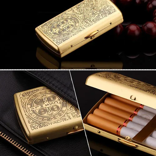 Vista 3 de Metal Embossed Cigarette Box, Can Hold 12 Pieces Thick Cigarettes, Unisex, Double Sided Spring Clip, Copper Chrome Plated Material, Pressure