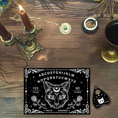 Vista 6 de CREATCABIN Tablero de madera de gato negro con tablero de péndulo de madera con plancha para radiestesia, kit de adivinación para caza de espíritus