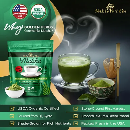 Vista 5 de Golden Herbs Matcha Superior Ceremonial Blend Polvo de té verde de Uji, Kyoto, USDA orgánico, sin gluten, vegano 100% puro sin azúcar, sin aditivos