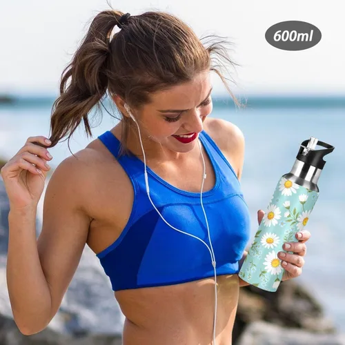 Vista 6 de Daisies - Botella de agua de acero inoxidable aislada al vacío con diseño de flores amarillas y azules, botella de agua deportiva de 32 onzas sin