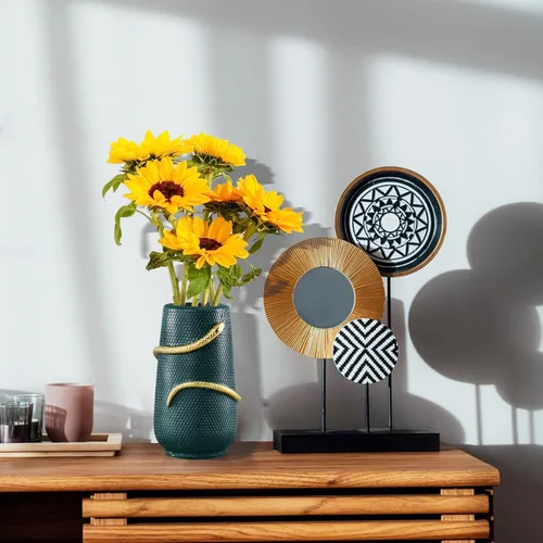Vista 3 de Florero de 8 pulgadas verde y dorado con serpientes para decoración, florero único para estantería, mesa de comedor, sala de estar, repisa