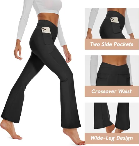 Vista 2 de GAYHAY Leggings acampanados para mujer, con bolsillos, pantalones de yoga cruzados, cintura alta, control de abdomen, corte de bota, leggings