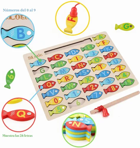 Vista 4 de Slotic Juego de pesca de madera magnético para niños pequeños – Alfabeto ABC Fish Catching Counting Aprendizaje Educación Matemáticas Preescolar