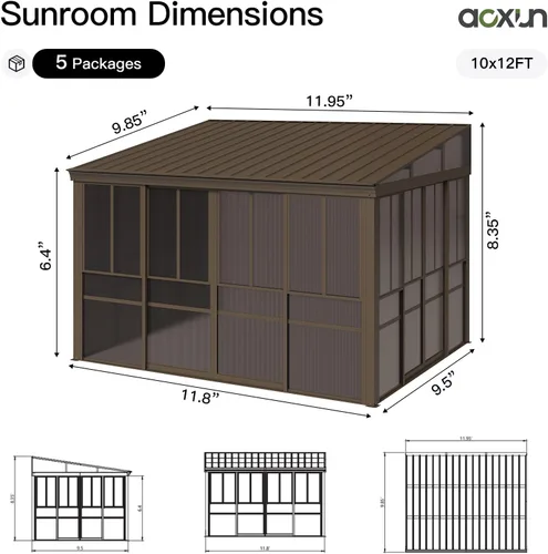 Vista 8 de Aoxun Solárium montado en la pared de 10 x 12 pies, solárium de aluminio cerrado inclinado a cenador con techo inclinado de acero galvanizado
