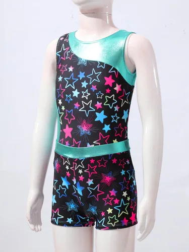 Vista 3 de Yartina Leotardo de gimnasia estampado para niñas, traje de baño de 2 piezas con pantalones cortos