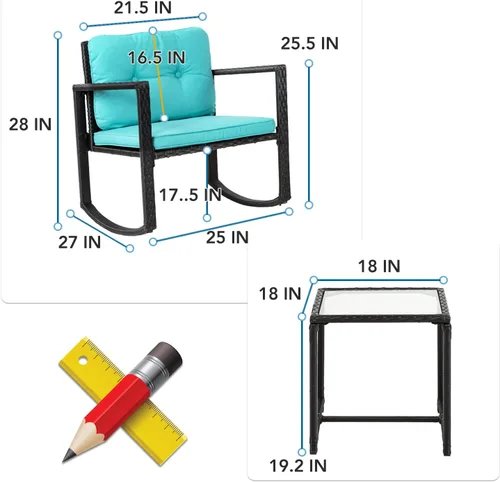 Vista 3 de Juego de 3 piezas de bistró mecedora para exteriores, muebles de ratán para patio, sillas mecedoras de mimbre con cojines azules y mesa de centro