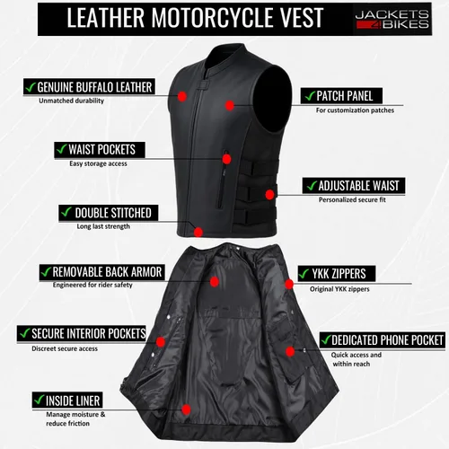 Vista 5 de Armor Biker - Chaleco ajustable de cuero para hombre, color negro
