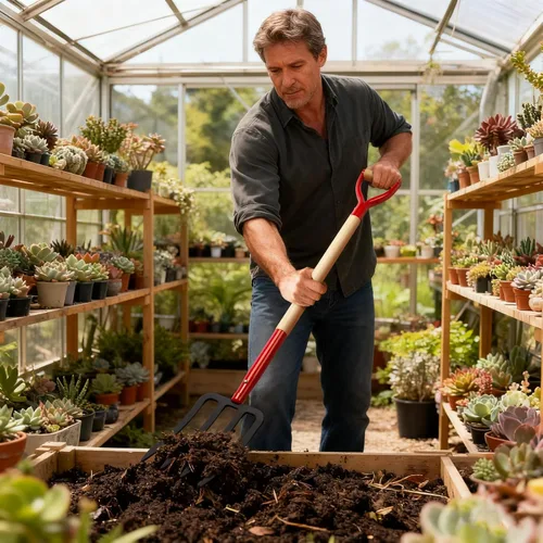 Vista 6 de Tenedor de jardín resistente para excavar, tenedor de 4 dientes para abono de jardinería, tenedor de jardín con mango de madera, 45 pulgadas