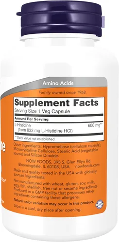 Vista 2 de Now Supplements, L-histidina 600 mg, aminoácido esencial, crítico para la función normal del cerebro*, apoyo del sistema inmunológico*, 60 cápsulas