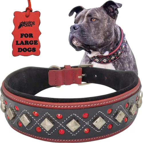 Vista 9 de Blazing Paws Darlington - Collar de perro de cuero de lujo de 2 pulgadas de ancho para perros grandes, hecho a mano de gamuza acolchado de cristal