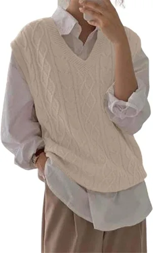 Vista 7 de Women's V Neck Sweater Vest Oversized Sleeveless Loose Knit Tops Cable Sleeveless Sweater