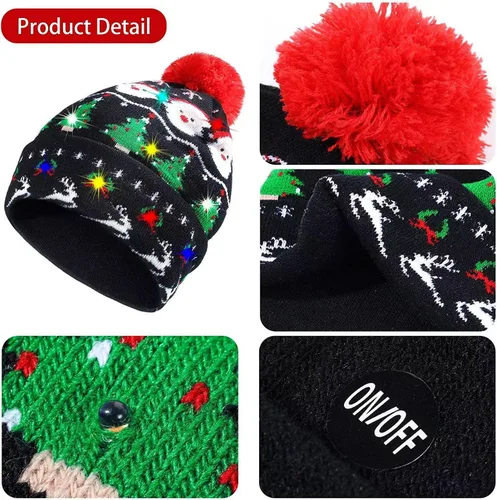 Vista 3 de Gorros de Navidad con luz LED, bufanda de punto, gorro de Navidad para adultos y niños, gorro de Navidad cálido para invierno