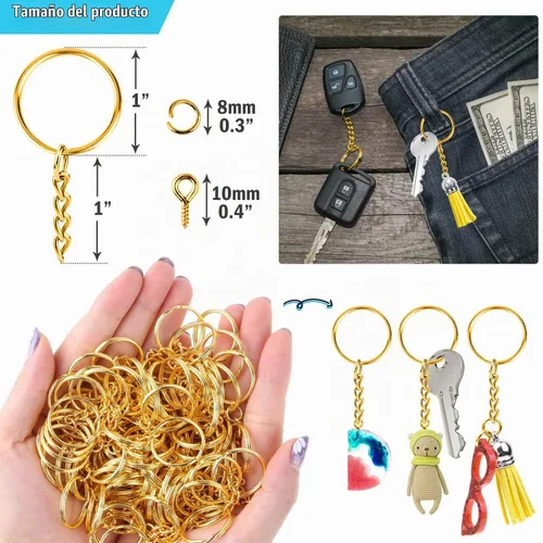 Vista 6 de PAXCOO - Kit de anillos para manualidades dorados, incluye 100 llaveros divididos con cadena, 100 anillos de salto y 100 pines de ojo de tornillo
