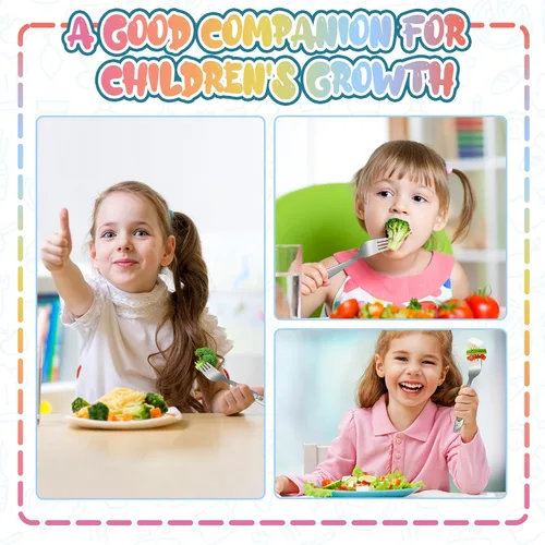 Vista 3 de 4 tenedores de acero inoxidable para niños pequeños, tenedores seguros para autoalimentarse, tenedores para bebés con diseño láser colorido, apto
