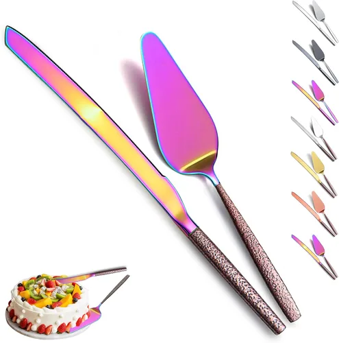 Vista 8 de Evanda Juego de cuchillos y servidores para tartas de boda, mango marrón y cabeza plateada brillante para tartas para todos los días, bodas