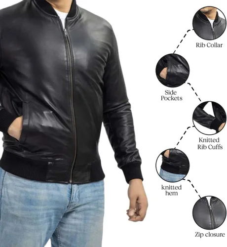 Vista 5 de Jild Varsity Style Leather Bomber Jacket Men - Chaqueta de cuero de gamuza real de moda casual MA-1 para hombre
