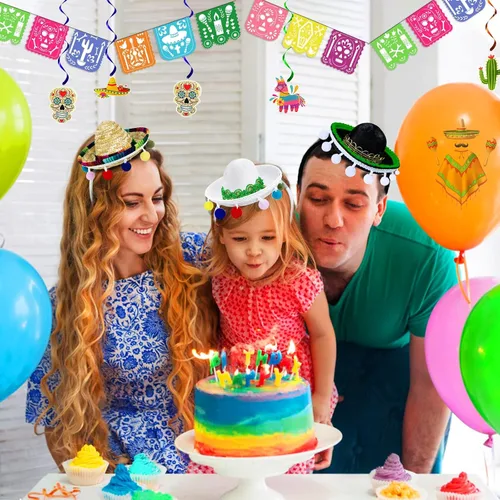 Vista 2 de Paquete de 3 sombreros de fiesta mexicanos diadema de tela sombrero de paja sombrero de fiesta accesorios para disfraz de fiesta mexicana