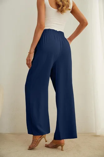 Vista 7 de IWOLLENCE - Pantalones de pierna ancha para mujer con bolsillos, cintura alta, nudo ajustable, holgados, casuales, para trabajo y negocios