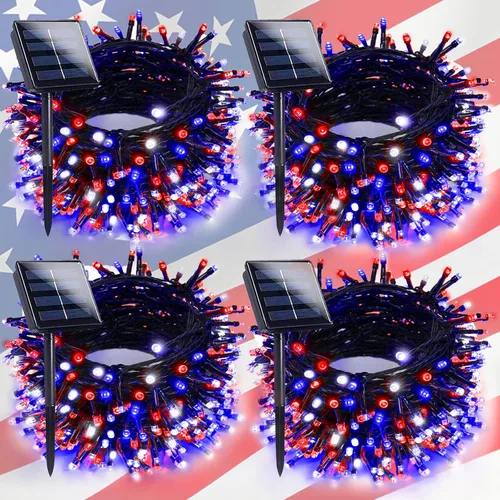 Vista 17 de Paquete de 2 luces solares de Navidad multicolor para exteriores, impermeables, 200 LED de 66 pies, cable verde con 8 modos, luces solares de hadas