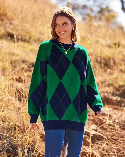 Vista 4 de BTFBM Suéter de punto de manga larga con rombos para mujer, cuello redondo, casual, manga larga, suéter de punto para otoño e invierno