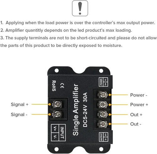 Vista 6 de BTF-LIGHTING COB FCOB 2835 3014 3528 5050 Controlador Amplificador de Señal de 1 Canal Compatible con V- V+ Luz de un Solo Color de 2 Pines Tira LED