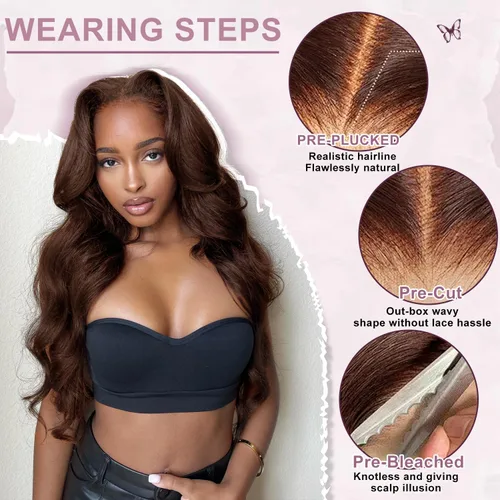 Vista 2 de Pelucas de cabello humano de 28 pulgadas con encaje frontal color marrón chocolate, pelucas de cabello humano sin pegamento, 200% de densidad, sin