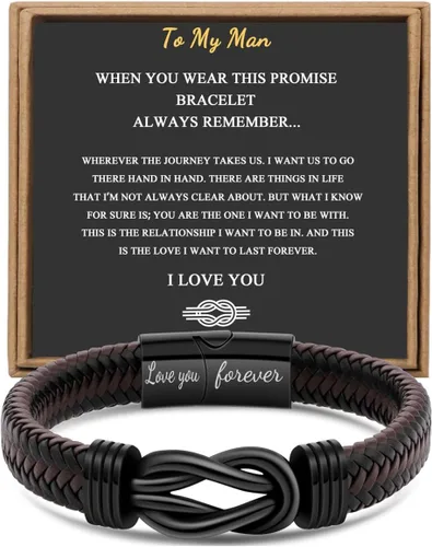 Vista 18 de Regalo para Hombres Pulsera Infinita para Hombres Papá Marido Novio Hijo Nieto Hermano Sobrino Tío Cuero Trenzado Marrón Siempre Unidos Acero