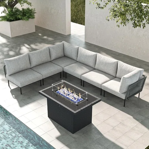 Vista 40 de LayinSun Juego de muebles de patio de aluminio de 7 piezas, sofá modular moderno con mesa auxiliar y cojín de grosor mejorado Gris claro