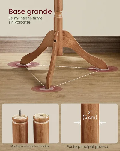 Vista 4 de VASAGLE Perchero de madera maciza y soporte, árbol de pasillo independiente con 10 ganchos para sombreros, bolsos, carteras, para entrada, pasillo
