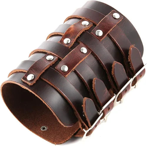 Vista 3 de HZMAN Brazalete ancho de cuero con triple correa para hombre, con hebilla y cierre de brazo, 4 filas, Cuero