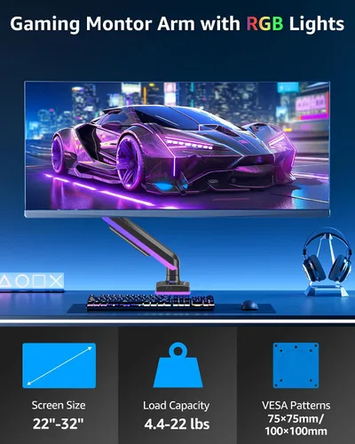 Vista 6 de MOUNTUP Brazo de monitor único RGB para 32, 27, 24, 22 pulgadas, soporta pantallas de 4.4 a 22 libras, soporte de monitor para escritorio con luces