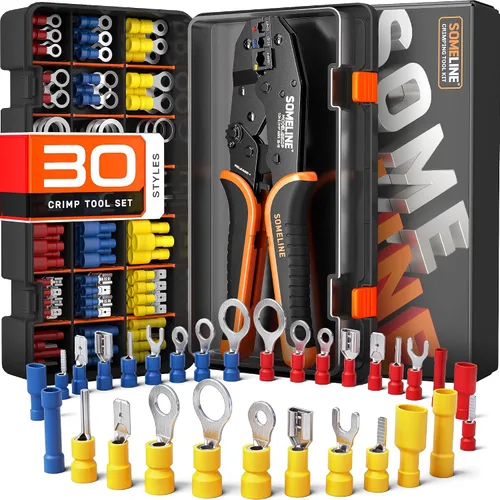 Vista 10 de SOMELINE Kit de herramientas de prensado de conectores eléctricos, crimpadora de terminales de trinquete 22-10 AWG, con conectores aislados a tope