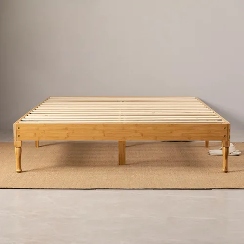 Vista 4 de Marco de cama de madera de bambú de 14 pulgadas, soporte de listones de madera, no necesita somier, fácil montaje, naturaleza, tamaño Queen