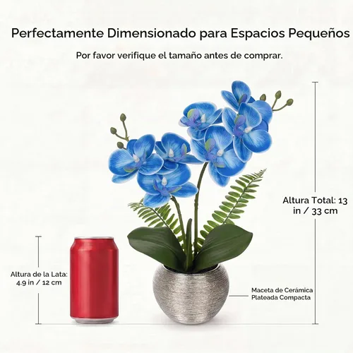 Vista 2 de Briful Pequeñas flores artificiales de orquídeas artificiales de 13 pulgadas en maceta de cerámica plateada, arreglo de orquídeas artificiales