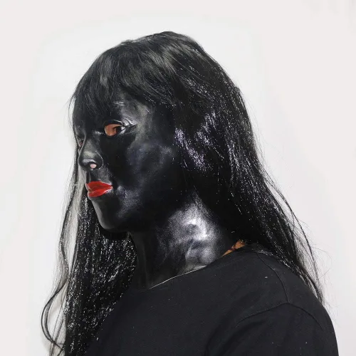Vista 6 de Máscara femenina sexy realista con pelo largo negro fiesta de Halloween máscara de látex mujer cara crossdressing marica