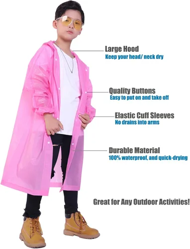 Vista 55 de Chaqueta de lluvia para niños, paquete de 2 ponchos de lluvia para niños, impermeables reutilizables para niños y niñas, impermeable, para exteriores