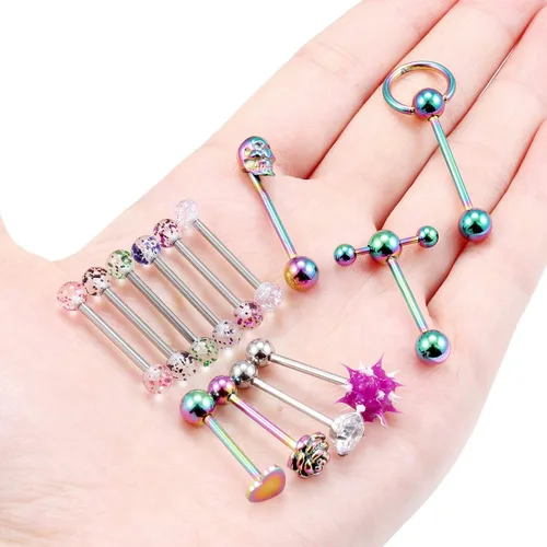 Vista 3 de Hoeudjo 13 anillos de acero quirúrgico 14G para lengua Teaser doble barra con anillo esclavo Piercing para el cuerpo joyería para mujeres hombres