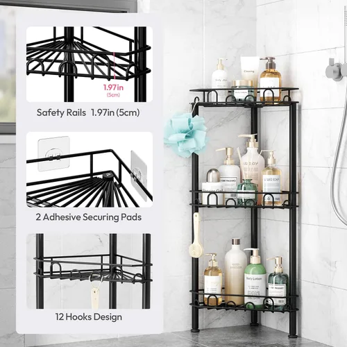 Vista 4 de SWTYMIKI Estante organizador de ducha de pie de acero inoxidable de 3 niveles con 12 ganchos y almohadillas adhesivas, estantes esquineros