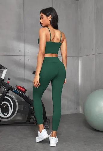Vista 8 de Fixmatti Conjunto de entrenamiento de 2 piezas para mujer, traje de yoga, tirantes delgados, brasier y leggings de cintura alta a juego