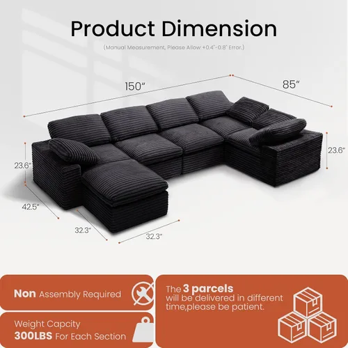 Vista 2 de KKL Sofá modular de 150 pulgadas, sofá modular en forma de U con otomana, sofá de pana sin hueso para sala de estar y dormitorio, sofá modular Negro