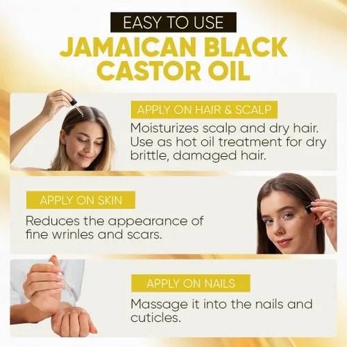 Vista 5 de Aceite de ricino negro jamaicano – Aceite de ricino 100% puro para el crecimiento del cabello, cuidado del cuero cabelludo, piel brillante y uñas.