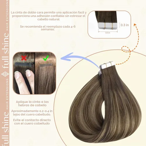 Vista 4 de Full Shine Human Hair Tape in Extensions, Medium Brown Honey Blonde 18 Inch