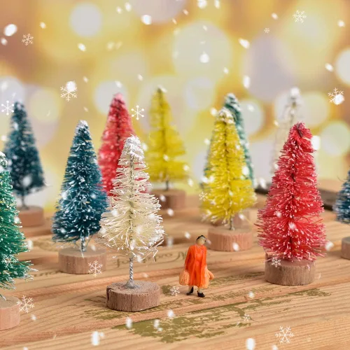 Vista 7 de Mini árbol de Navidad artificial, 24 piezas, multicolor mini cepillo para botellas, árboles helados con base de madera para escenas en miniatura