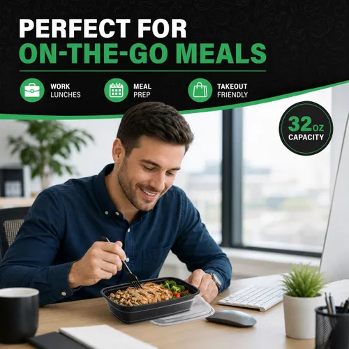 Vista 5 de WUHUIXOZ Contenedor de preparación de comidas, paquete de 50 recipientes de almacenamiento de alimentos de 32 onzas con tapas, caja Bento desechable