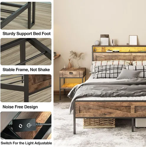 Vista 3 de Halitaa Base de cama LED de tamaño individual con estación de carga, plataforma de metal con almacenamiento de cabecera y puertos USB, marco de cama