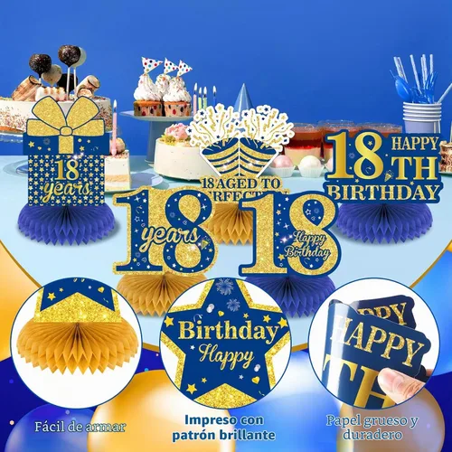 Vista 3 de 9 piezas de decoración de cumpleaños azul marino dorado 18 centros de mesa de panal para decoración de mesa, decoraciones de feliz cumpleaños 18 Oro