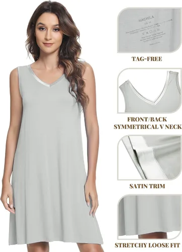 Vista 4 de NACHILA Camisones para mujer, viscosa hecha de bambú, sin mangas, camisón suave, camisón de satén con cuello en V