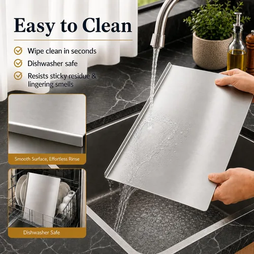 Vista 6 de Tabla de cortar de acero inoxidable con labio, tabla de cortar de metal en forma de L para cocina, tabla de cortar grande para carne, frutas