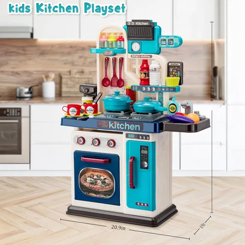 Vista 5 de Juego de cocina para niños, 53 piezas, estufa de cocina, fregadero de juego, horno, juguetes de cocina con luces y sonidos realistas, juguetes
